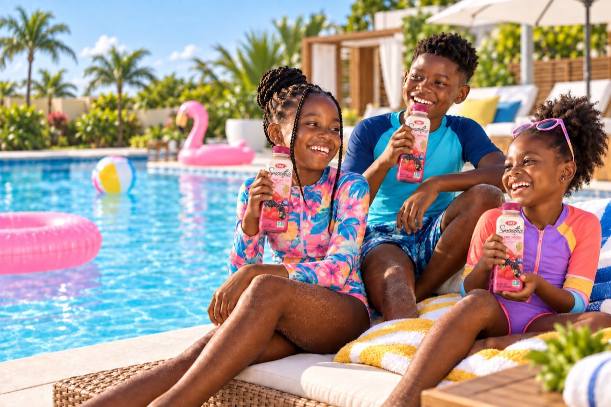 Three Nigerian children in colourful swimwear enjoying OKF Mix Berry Smoothies beside a Lagos swimming pool