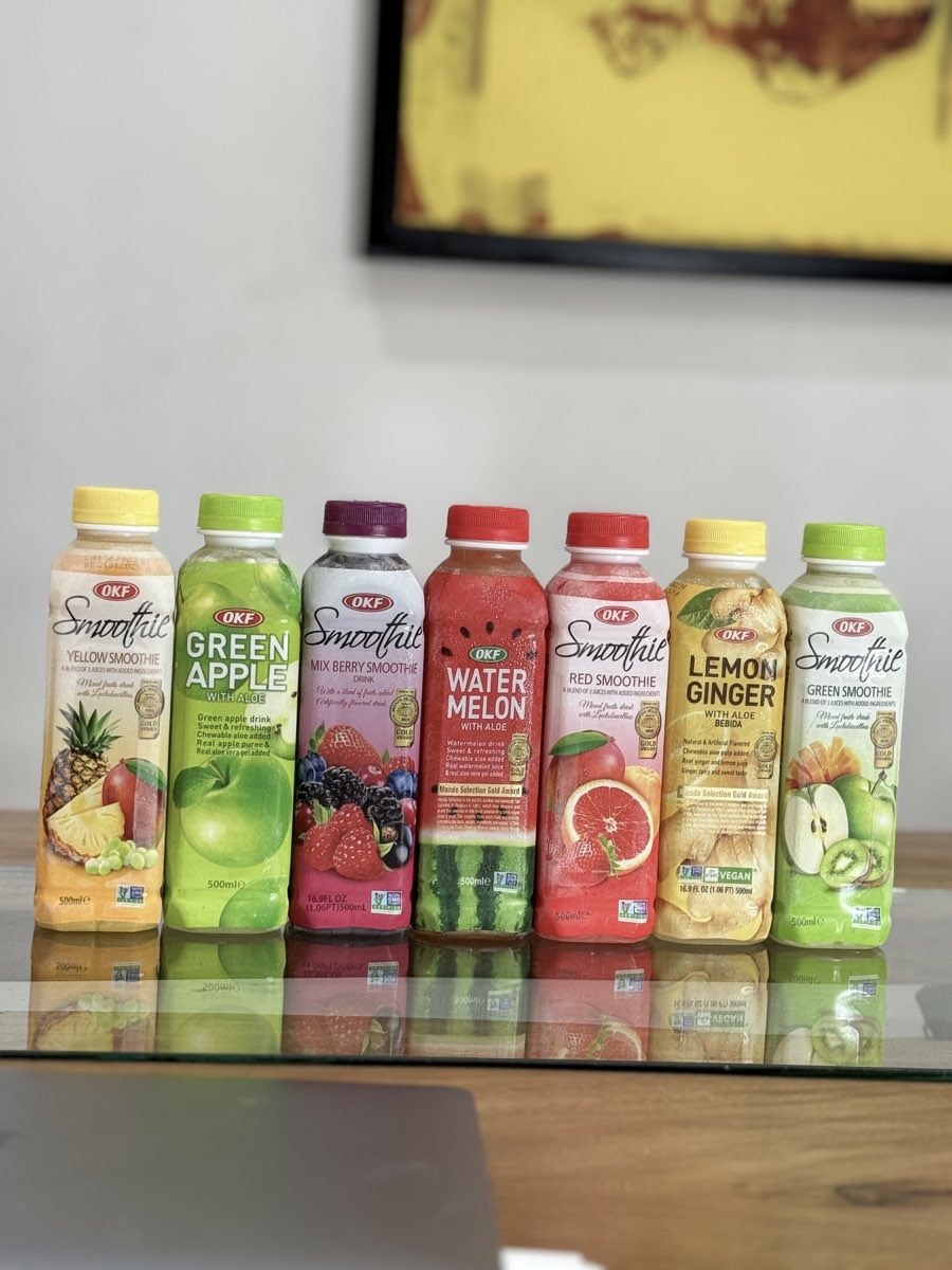 Seven colourful OKF Korean smoothie flavours arranged together