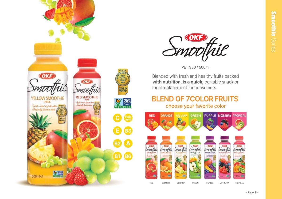 Official OKF product guide showing the seven smoothie colours